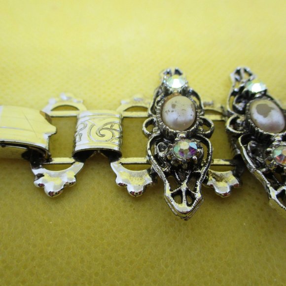 VICTORIAN REVIVAL RHINESTONE Bracelet A B Rhinestone Faux Pearl Filigree Silver - Picture 10 of 16